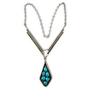 Vintage Native American Modernist Turquoise Cluster Sterling Silver Necklace